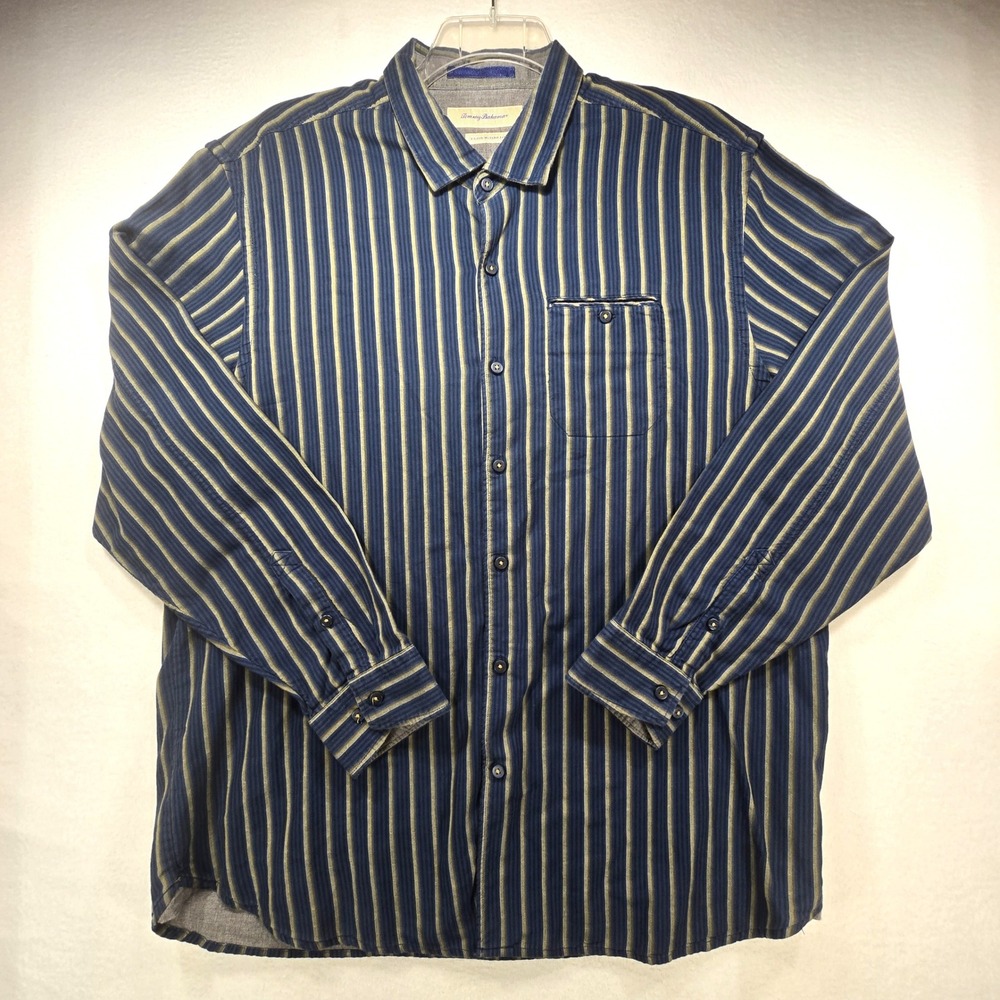 Tommy Bahama Island Modern Fit Shirt XL Blue Green Striped Cotton Silk LS